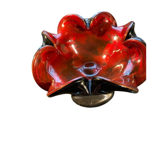Handcrafted Murano Red & Black Art Glass Ashtray With Ruffled Edges And Gold Foi - Picture 6 of 10